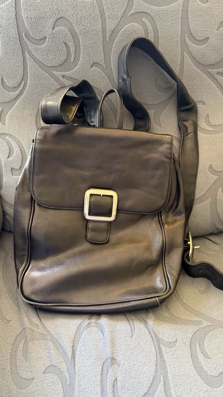 Vintage Black Leather Flap Backpack with Silver Tone Buckle